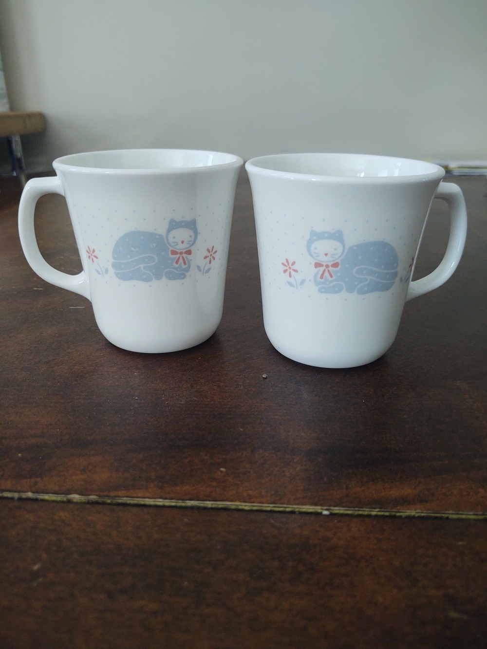 Pair Of Vintage Corningware Mugs In Country Pride Pattern with Blue Cat Motif